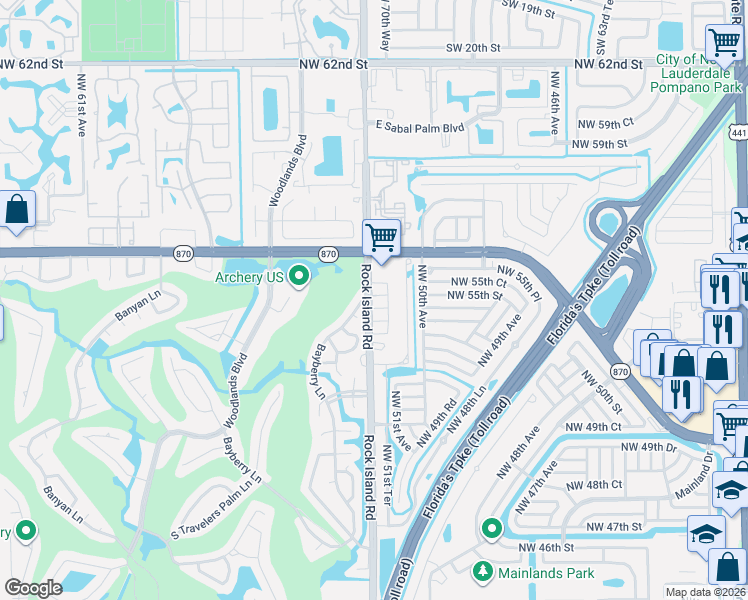 map of restaurants, bars, coffee shops, grocery stores, and more near 5404 Bayberry Lane in Tamarac