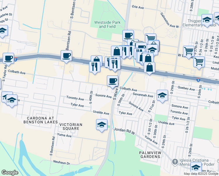 map of restaurants, bars, coffee shops, grocery stores, and more near 3701 Colbath Avenue in McAllen