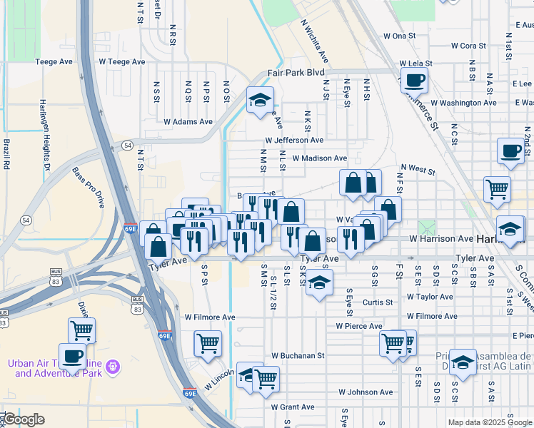 map of restaurants, bars, coffee shops, grocery stores, and more near 1308 West Jackson Avenue in Harlingen