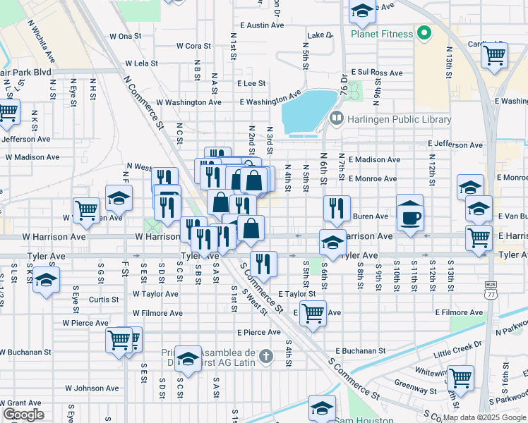 map of restaurants, bars, coffee shops, grocery stores, and more near 200-298 South 3rd Street in Harlingen