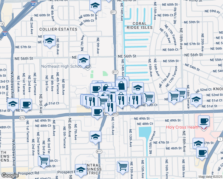 map of restaurants, bars, coffee shops, grocery stores, and more near 5201 North Dixie Highway in Fort Lauderdale
