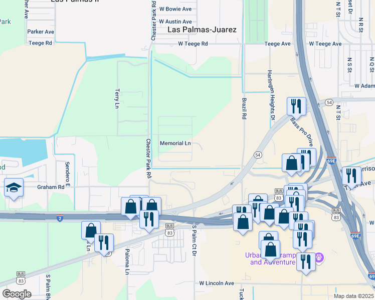 map of restaurants, bars, coffee shops, grocery stores, and more near 3514 Park Lane East in Harlingen