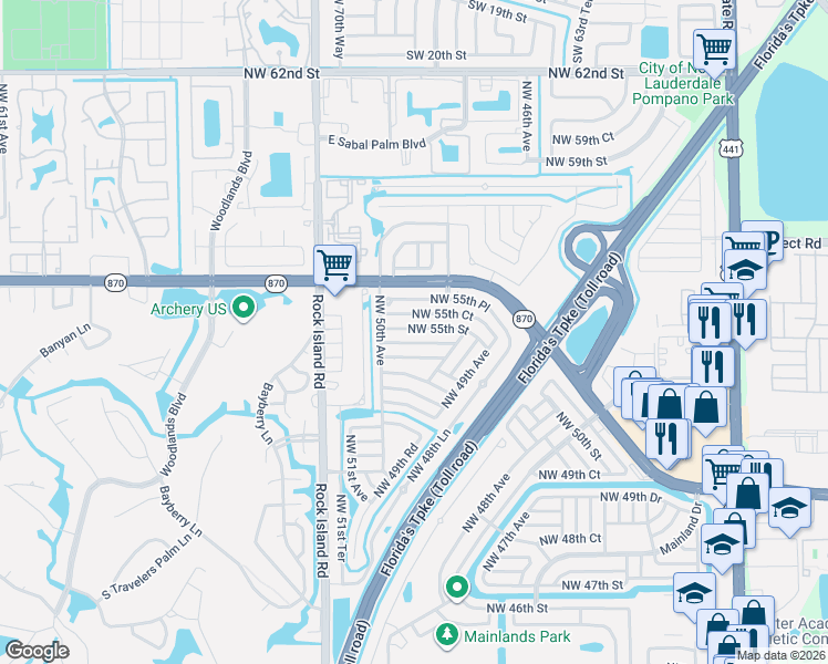 map of restaurants, bars, coffee shops, grocery stores, and more near 4918 Northwest 54th Court in Tamarac