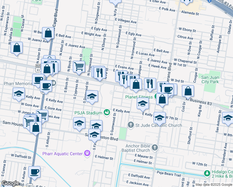 map of restaurants, bars, coffee shops, grocery stores, and more near 301 South Gumwood Street in Pharr