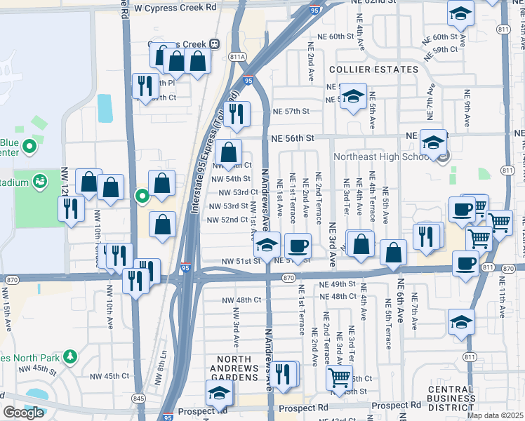 map of restaurants, bars, coffee shops, grocery stores, and more near 100 Northwest 52nd Court in Fort Lauderdale