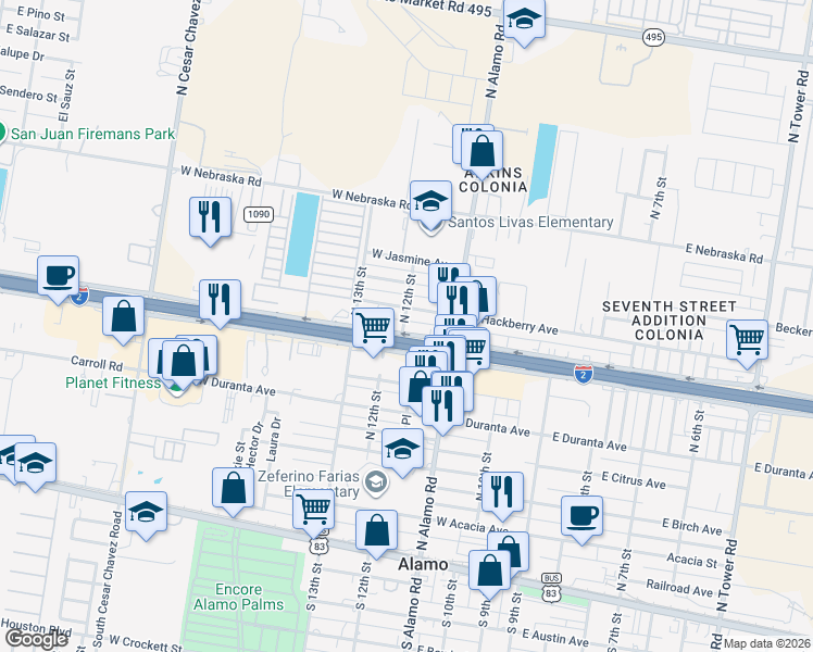 map of restaurants, bars, coffee shops, grocery stores, and more near 1202 U.S. 83 Frontage Road in Alamo