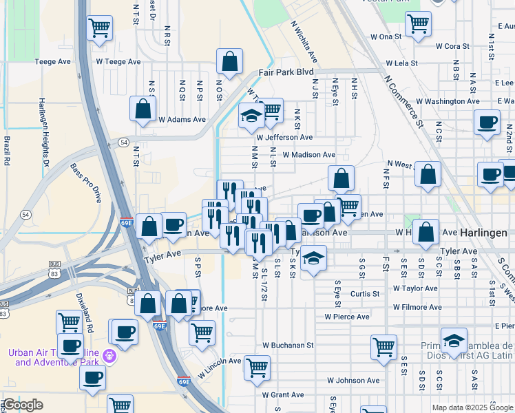 map of restaurants, bars, coffee shops, grocery stores, and more near 1308 West Jackson Avenue in Harlingen