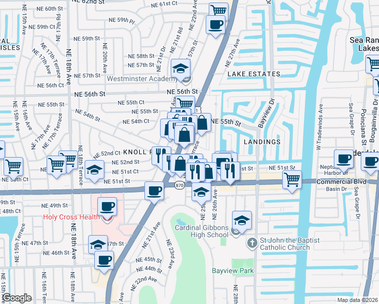 map of restaurants, bars, coffee shops, grocery stores, and more near 2451 Northeast 51st Street in Fort Lauderdale