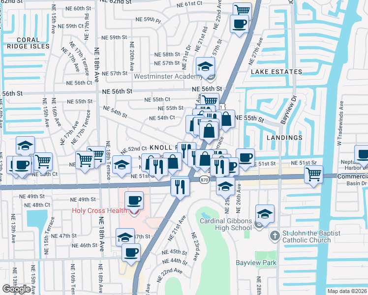 map of restaurants, bars, coffee shops, grocery stores, and more near 2312 Northeast 53rd Street in Fort Lauderdale