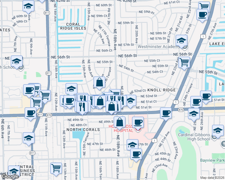 map of restaurants, bars, coffee shops, grocery stores, and more near 5130 Northeast 17th Avenue in Fort Lauderdale