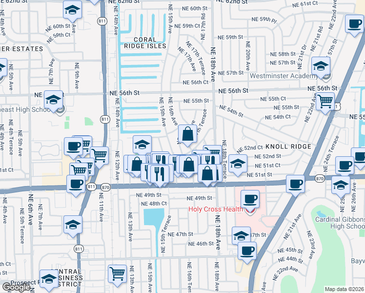 map of restaurants, bars, coffee shops, grocery stores, and more near 5200 Northeast 17th Avenue in Fort Lauderdale