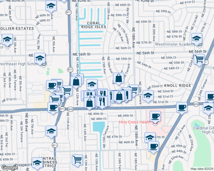 map of restaurants, bars, coffee shops, grocery stores, and more near 5130 Northeast 14th Terrace in Fort Lauderdale