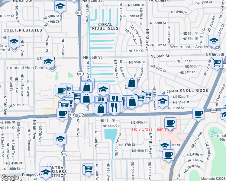 map of restaurants, bars, coffee shops, grocery stores, and more near 5200 Northeast 14th Way in Fort Lauderdale