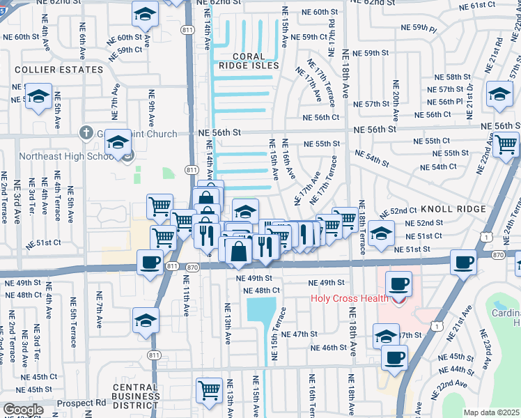 map of restaurants, bars, coffee shops, grocery stores, and more near 5200 Northeast 14th Way in Fort Lauderdale