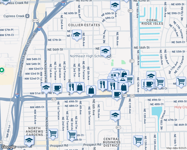 map of restaurants, bars, coffee shops, grocery stores, and more near 5217 Northeast 6th Avenue in Fort Lauderdale