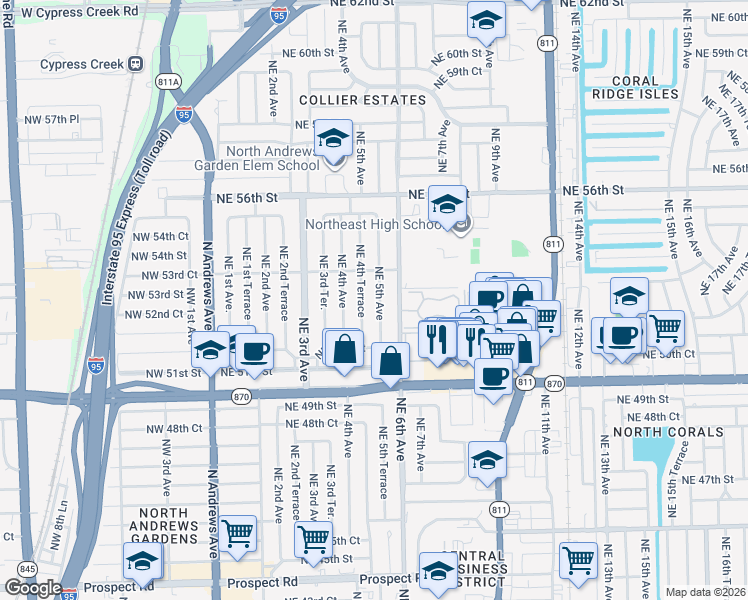map of restaurants, bars, coffee shops, grocery stores, and more near 5224 Northeast 4th Terrace in Fort Lauderdale