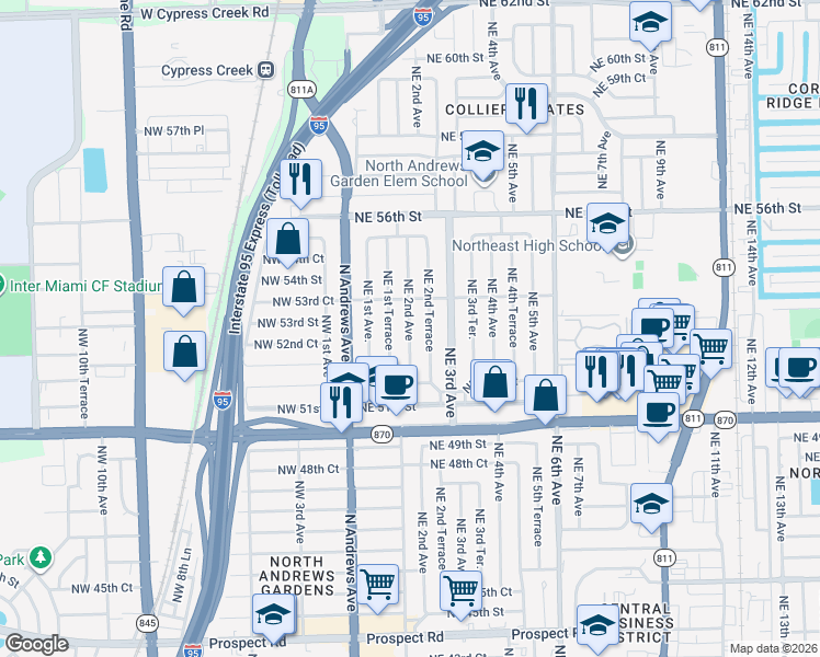 map of restaurants, bars, coffee shops, grocery stores, and more near 5249 Northeast 2nd Avenue in Fort Lauderdale