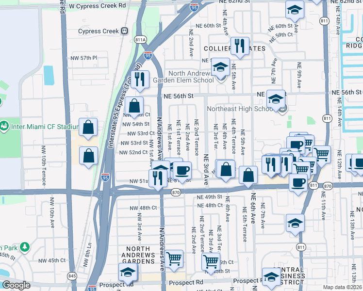 map of restaurants, bars, coffee shops, grocery stores, and more near 5249 Northeast 2nd Avenue in Fort Lauderdale