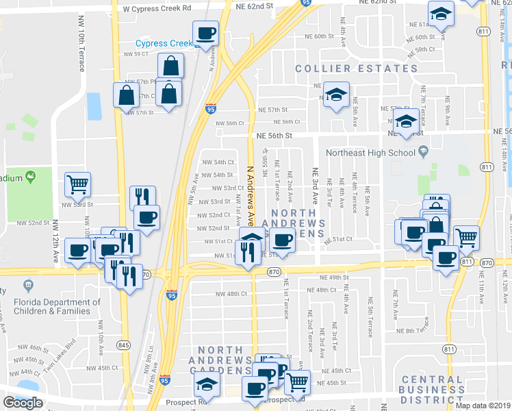 map of restaurants, bars, coffee shops, grocery stores, and more near 5257 Northeast 1st Avenue in Fort Lauderdale