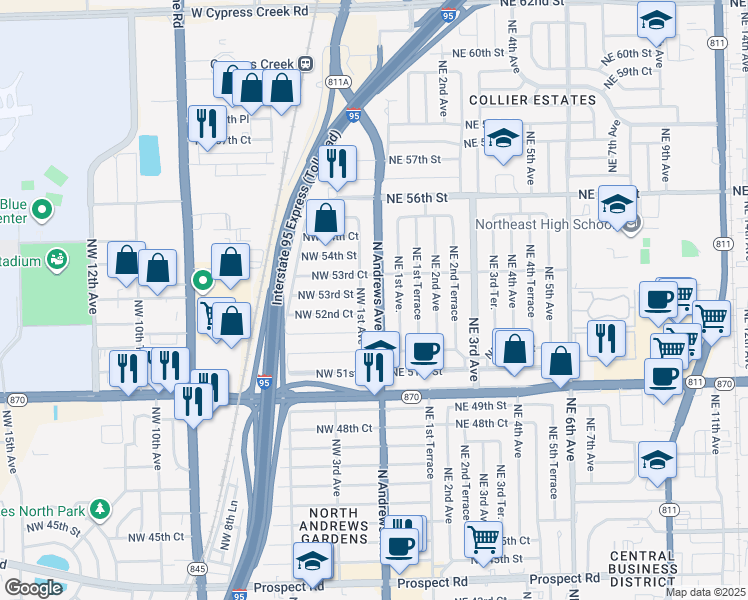 map of restaurants, bars, coffee shops, grocery stores, and more near 100 Northwest 52nd Court in Fort Lauderdale