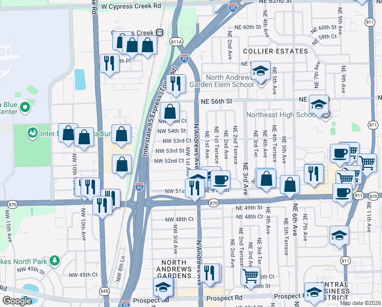map of restaurants, bars, coffee shops, grocery stores, and more near 100 Northwest 52nd Court in Fort Lauderdale