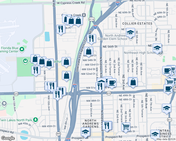 map of restaurants, bars, coffee shops, grocery stores, and more near 310 Northwest 52nd Court in Fort Lauderdale