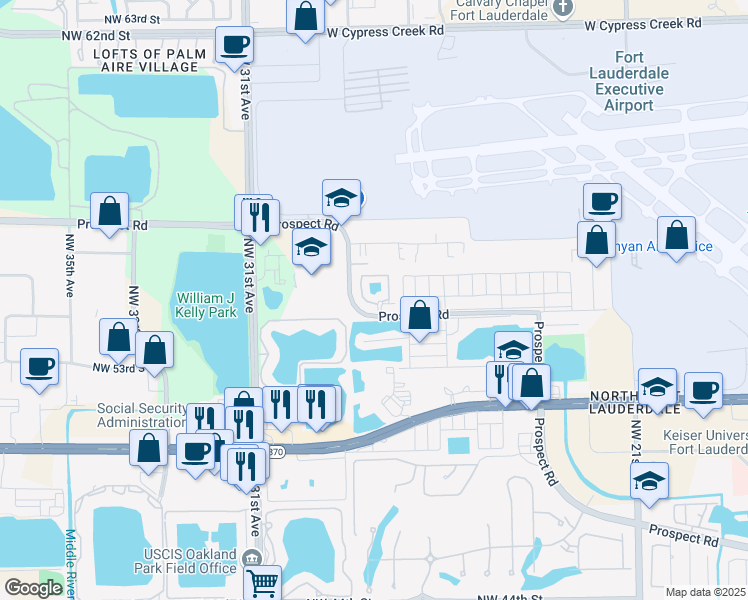 map of restaurants, bars, coffee shops, grocery stores, and more near 2851 Prospect Road in Tamarac