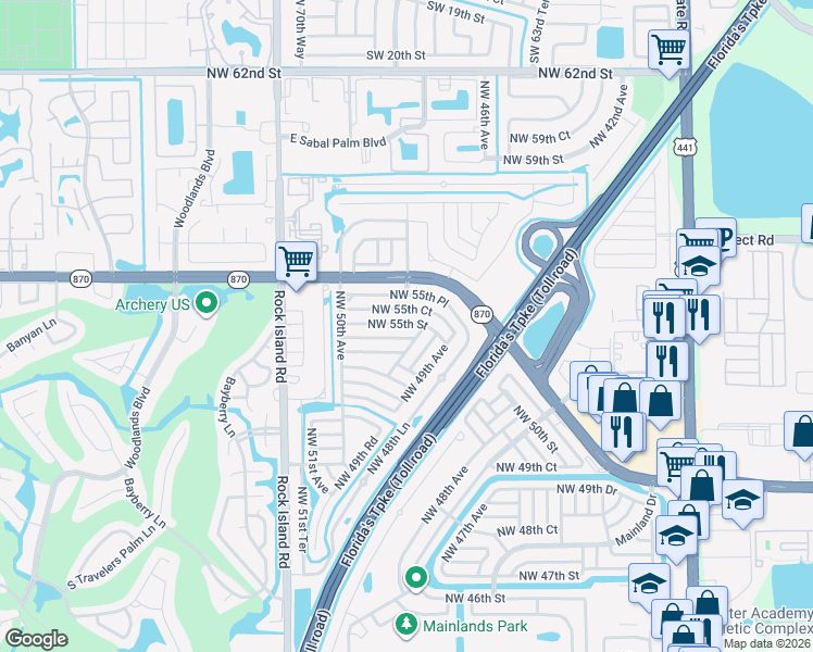map of restaurants, bars, coffee shops, grocery stores, and more near 4918 Northwest 54th Court in Tamarac