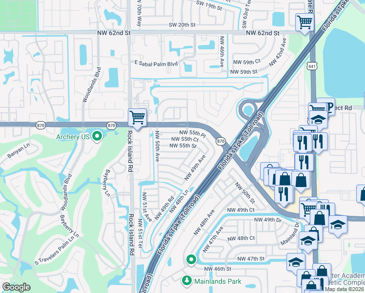 map of restaurants, bars, coffee shops, grocery stores, and more near 4918 Northwest 54th Court in Tamarac