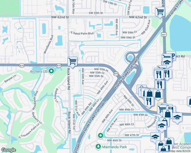 map of restaurants, bars, coffee shops, grocery stores, and more near 4918 Northwest 54th Court in Tamarac