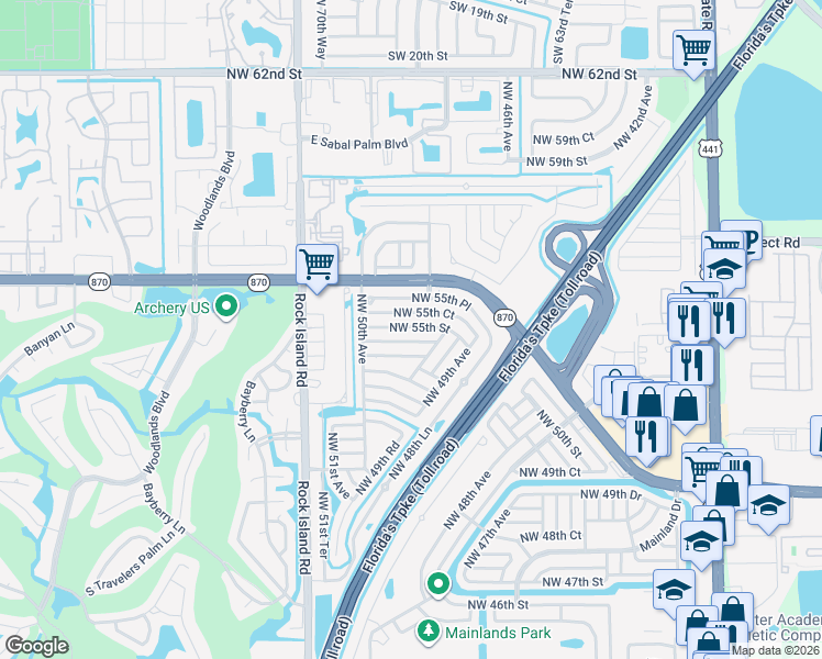 map of restaurants, bars, coffee shops, grocery stores, and more near 4918 Northwest 54th Court in Tamarac
