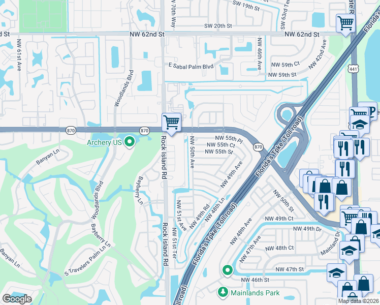 map of restaurants, bars, coffee shops, grocery stores, and more near 4938 Northwest 54th Court in Tamarac