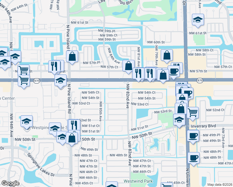 map of restaurants, bars, coffee shops, grocery stores, and more near 8310 Northwest 82nd Terrace in Lauderhill
