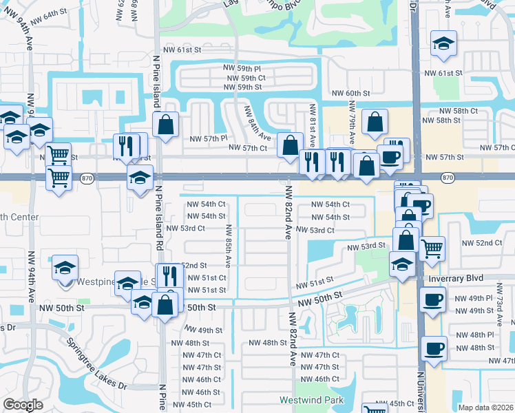 map of restaurants, bars, coffee shops, grocery stores, and more near 8310 Northwest 82nd Terrace in Lauderhill