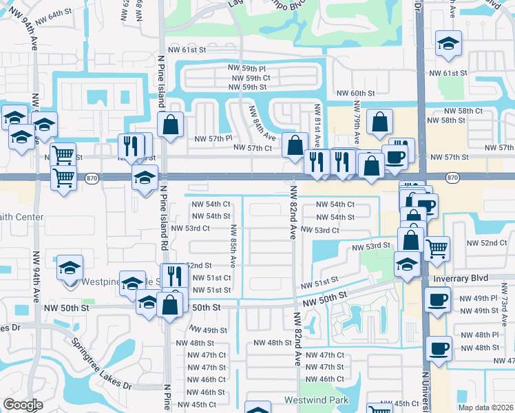 map of restaurants, bars, coffee shops, grocery stores, and more near 8310 Northwest 82nd Terrace in Lauderhill