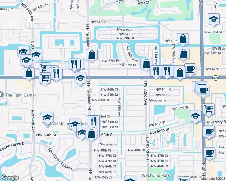 map of restaurants, bars, coffee shops, grocery stores, and more near 8540 Northwest 54th Street in Lauderhill