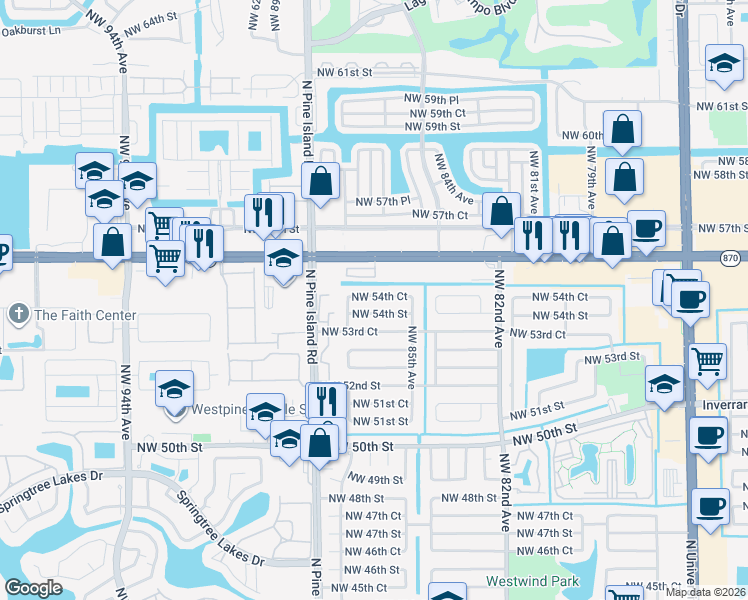 map of restaurants, bars, coffee shops, grocery stores, and more near 8540 Northwest 54th Street in Lauderhill
