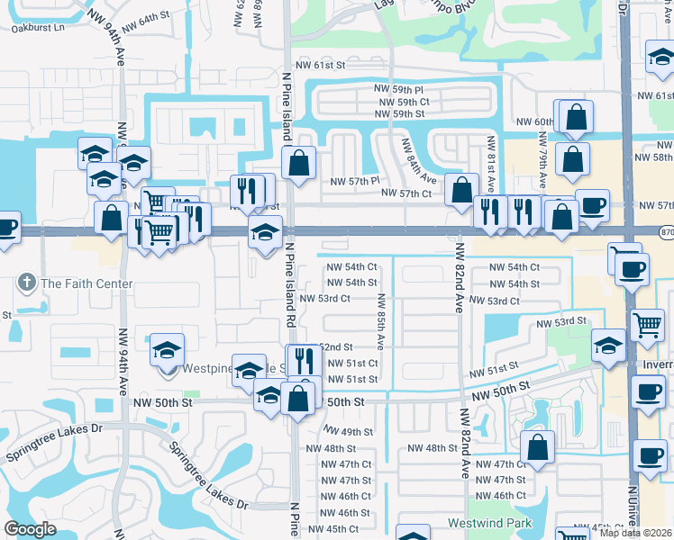 map of restaurants, bars, coffee shops, grocery stores, and more near 8630 Northwest 54th Street in Lauderhill