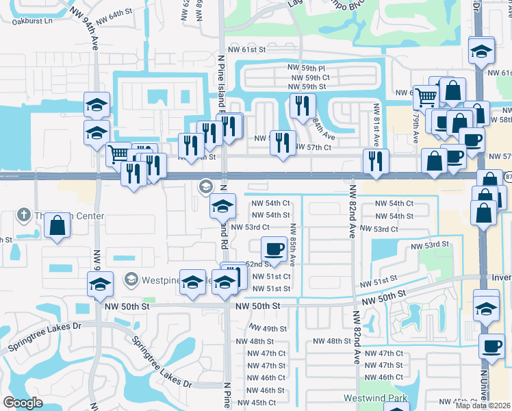 map of restaurants, bars, coffee shops, grocery stores, and more near 8630 Northwest 54th Street in Lauderhill