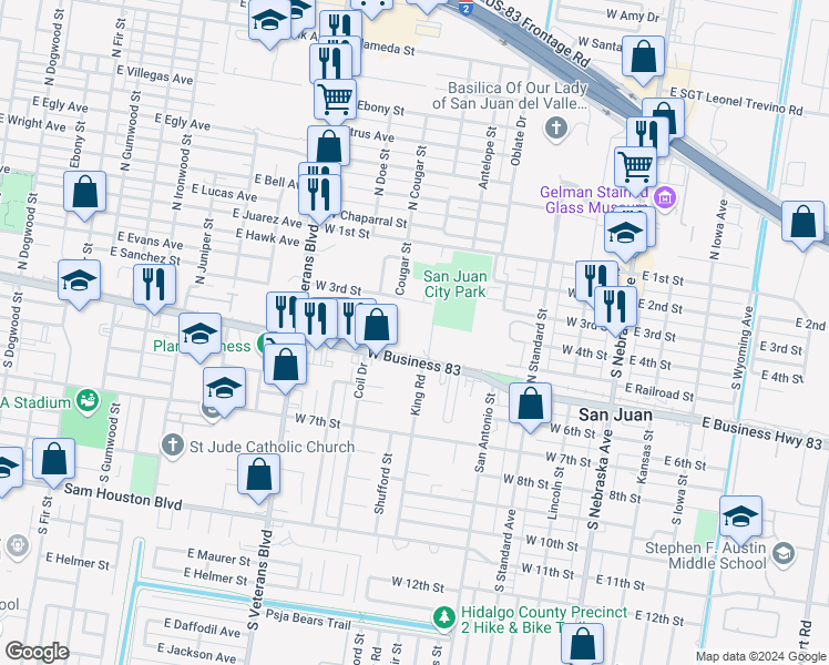 map of restaurants, bars, coffee shops, grocery stores, and more near 602 U.S. 83 Business in San Juan