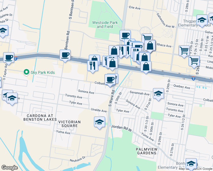 map of restaurants, bars, coffee shops, grocery stores, and more near 3701 Colbath Avenue in McAllen