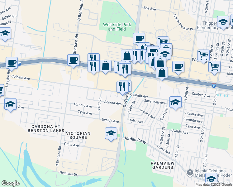 map of restaurants, bars, coffee shops, grocery stores, and more near 3701 Colbath Avenue in McAllen