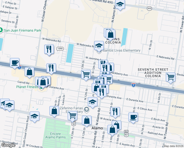 map of restaurants, bars, coffee shops, grocery stores, and more near 1202 U.S. 83 Frontage Road in Alamo