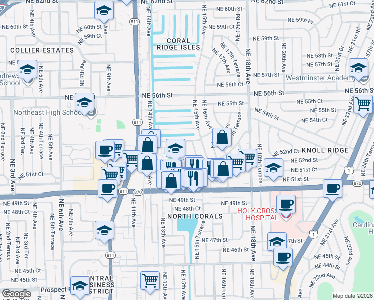 map of restaurants, bars, coffee shops, grocery stores, and more near 5200 Northeast 14th Way in Fort Lauderdale