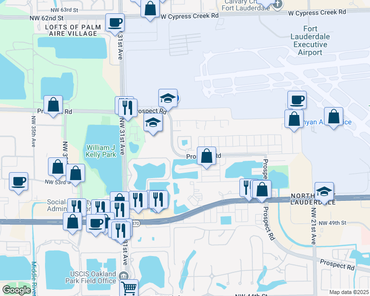 map of restaurants, bars, coffee shops, grocery stores, and more near 2851 Prospect Road in Tamarac