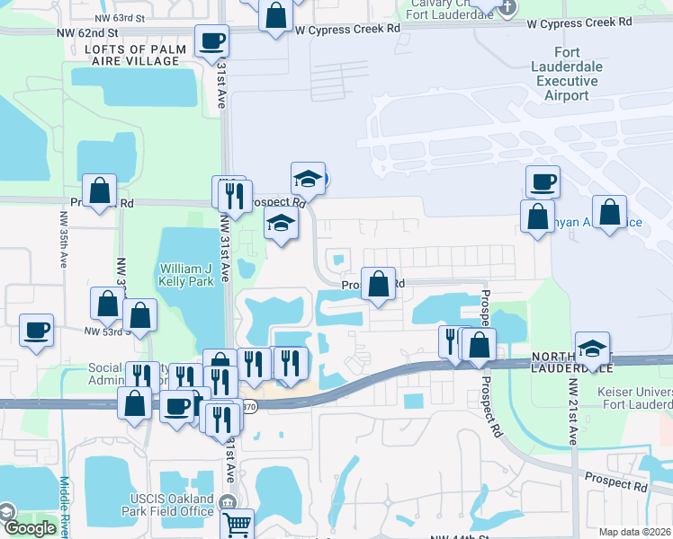 map of restaurants, bars, coffee shops, grocery stores, and more near 2851 Prospect Road in Tamarac