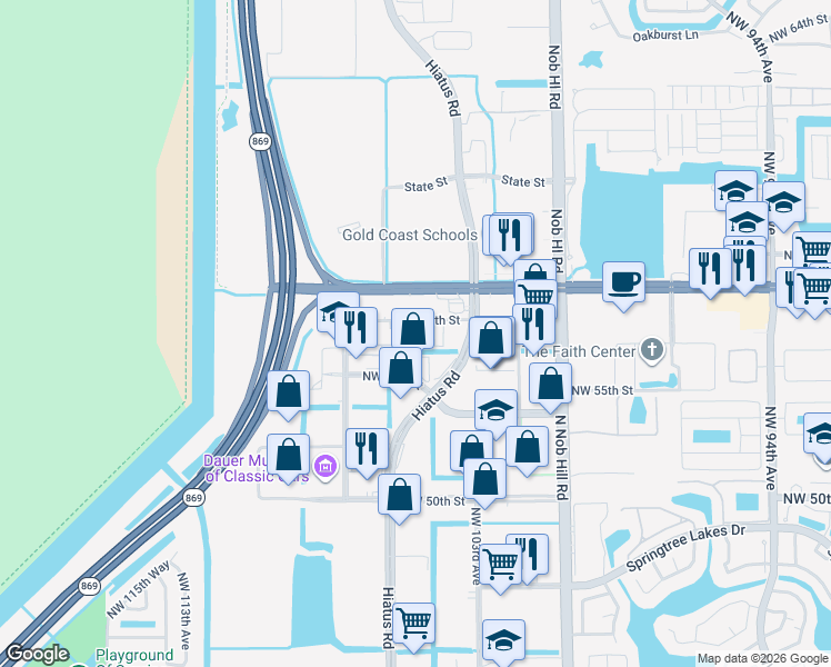 map of restaurants, bars, coffee shops, grocery stores, and more near 10603 Northwest 53rd Street in Sunrise