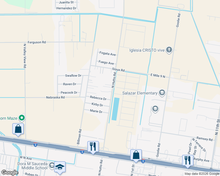 map of restaurants, bars, coffee shops, grocery stores, and more near 3121 North Hutto Road in Donna