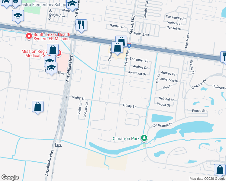 map of restaurants, bars, coffee shops, grocery stores, and more near 1601 Trinity Street in Mission