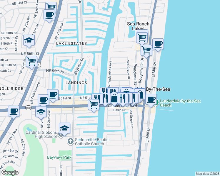 map of restaurants, bars, coffee shops, grocery stores, and more near 266 Bombay Avenue in Lauderdale-by-the-Sea